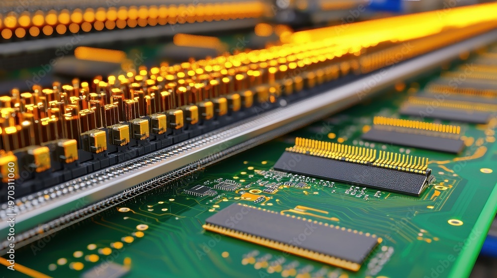 Green Circuit Board With Gold Connectors And Microchips Green Circuit Board With Gold Connectors And Microchips