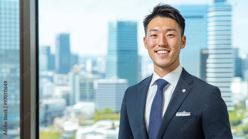 Confident Businessman Smiling in Modern Office Building Confident Businessman Smiling in Modern Office Building