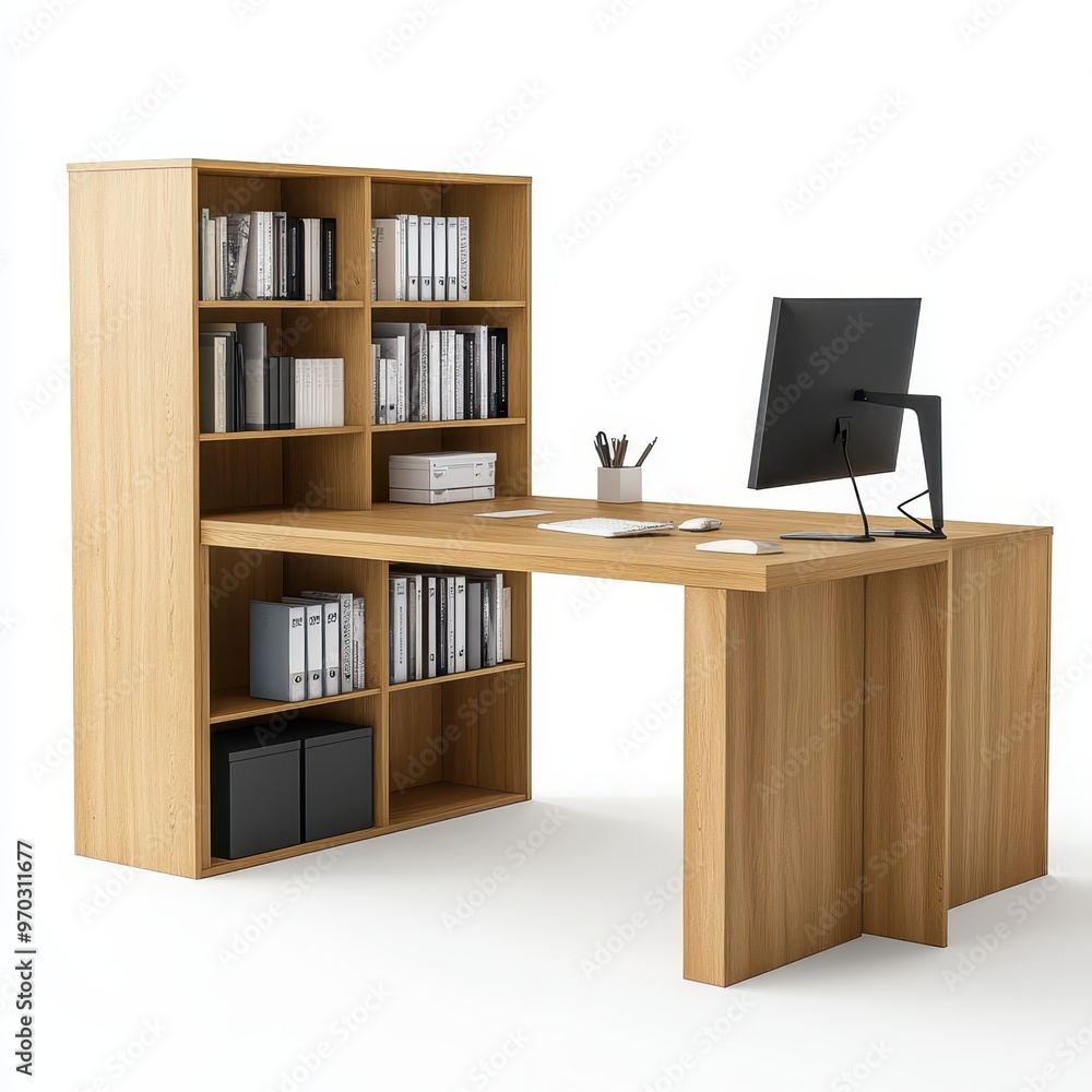 Modern wooden desk with shelves, computer, and office supplies for workspace organization. Modern wooden desk with shelves, computer, and office supplies for workspace organization.