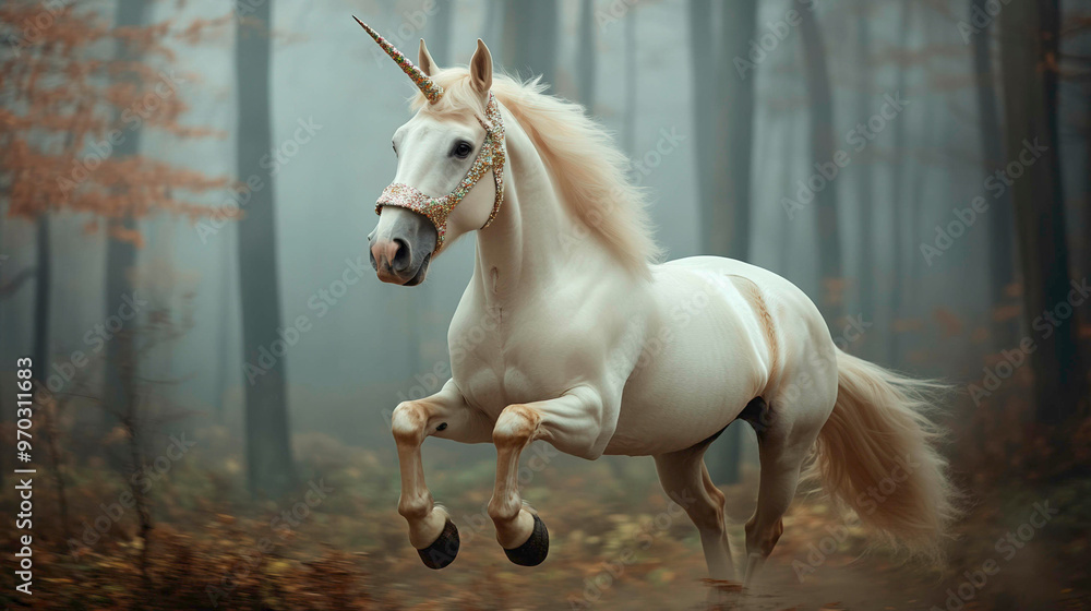 Obraz premium A stunning white unicorn gallops gracefully through an enchanted, misty forest. Its glittering horn sparkles in the soft light, creating a magical, dreamlike atmosphere full of wonder and beauty.