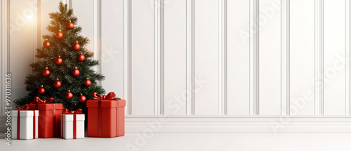 Christmas tree backdrop surrounded by festive Christmas gifts, creating a heartwarming scene photo