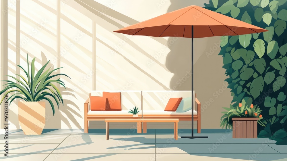 Fototapeta premium Sustainable Outdoor Patio Seating With Umbrella And Decorative Elements In Shaded Area
