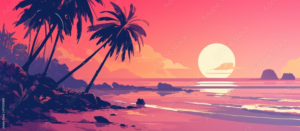 Fototapeta premium Sunset Beach With Tropical Islands In The Background
