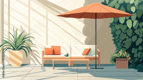 Sustainable Outdoor Patio Seating With Umbrella And Decorative Elements In Shaded Area