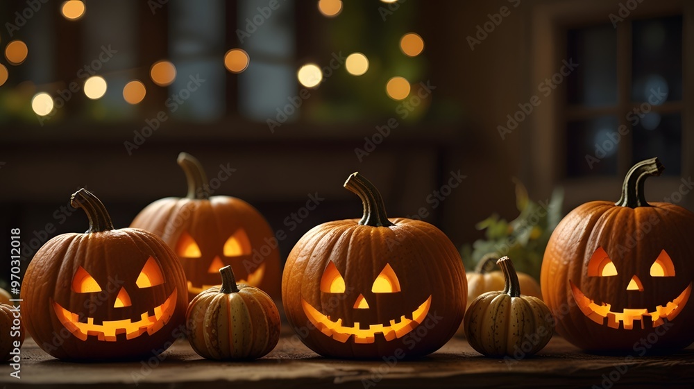 Fototapeta premium Realistic Halloween scene with vibrant orange pumpkins on a rustic wooden table, set against a warm, glowing bokeh background. Ample copy space for text overlays. Copy space