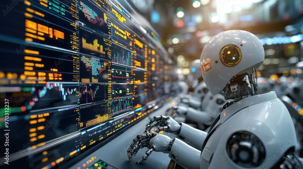 Digitally Intelligent: Robots in Corporate Attire at High-Tech Trading Desks with Real-Time Financial Data in High-Energy Stock Exchange Atmosphere Digitally Intelligent: Robots in Corporate Attire at High-Tech Trading Desks with Real-Time Financial Data in High-Energy Stock Exchange Atmosphere