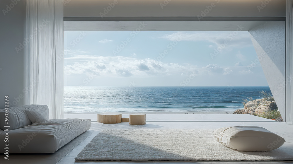 Fototapeta premium large window, Modern living room with wooden floor and sofa set on sea background