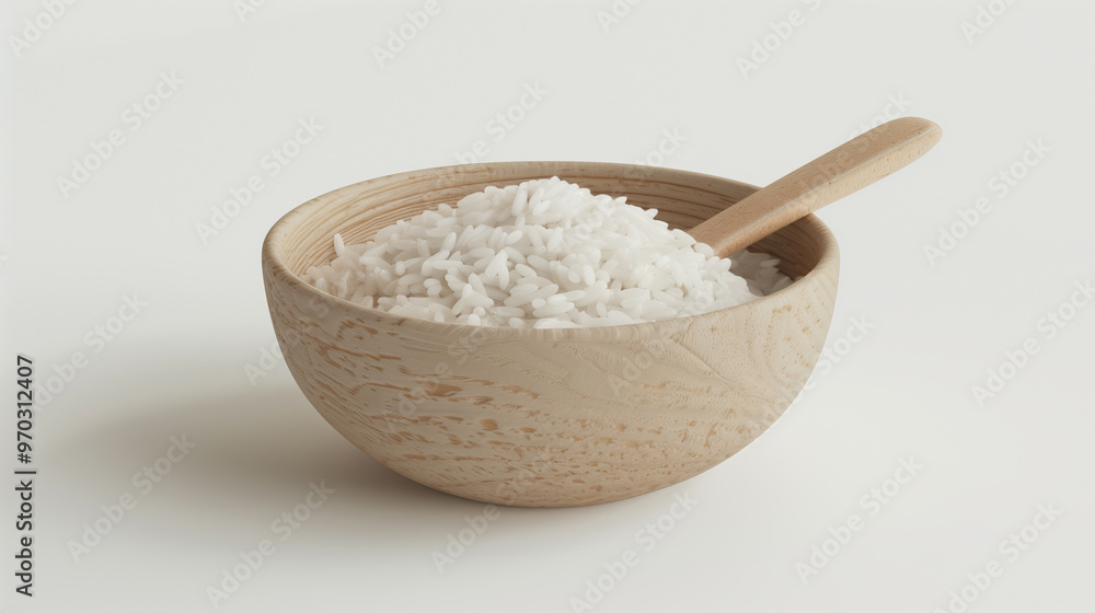 Wooden bowl filled with white rice Wooden bowl filled with white rice