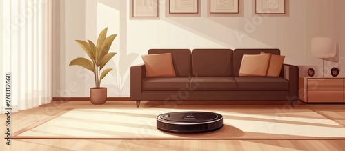 Robot Vacuum Cleaner Cleaning Flat In Modern Brown Apartment photo