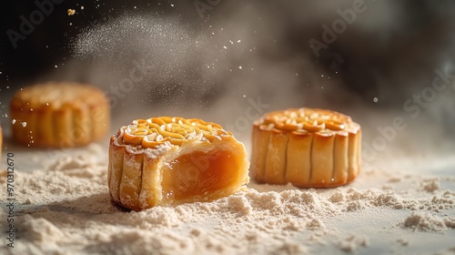 Delicious mooncakes placed in flour, creating a dynamic splash, captured with a Leica camera. The close-up images showcase the detailed interior of the mooncakes, with professionally color-graded  photo