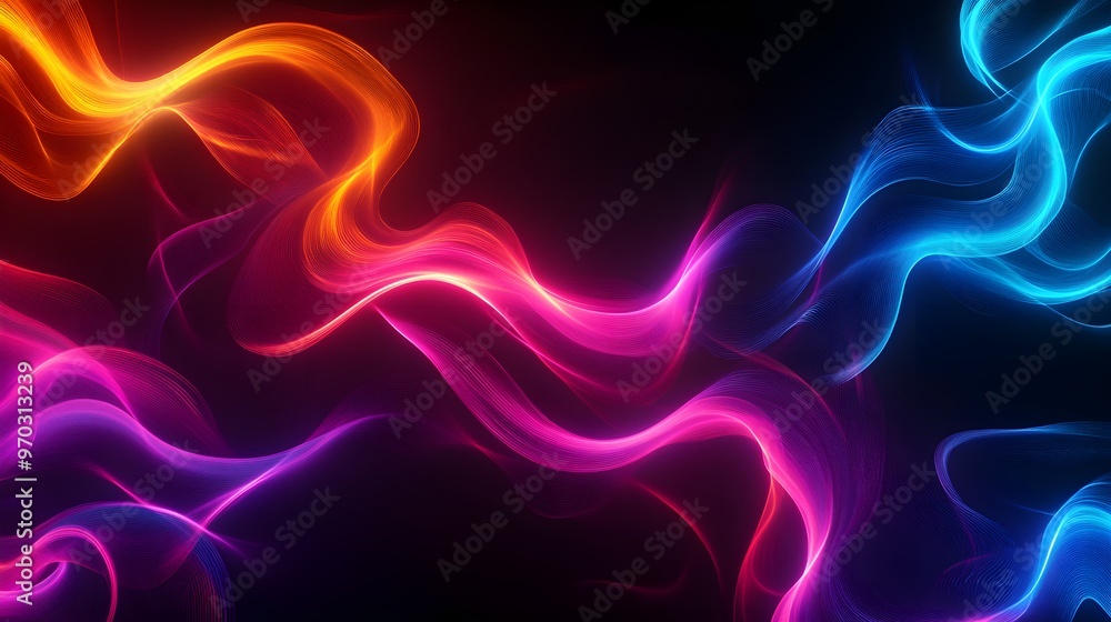 Obraz premium Bold neon swirls and spirals, floating on a black canvas, seamless design, glowing effect, vibrant and modern.
