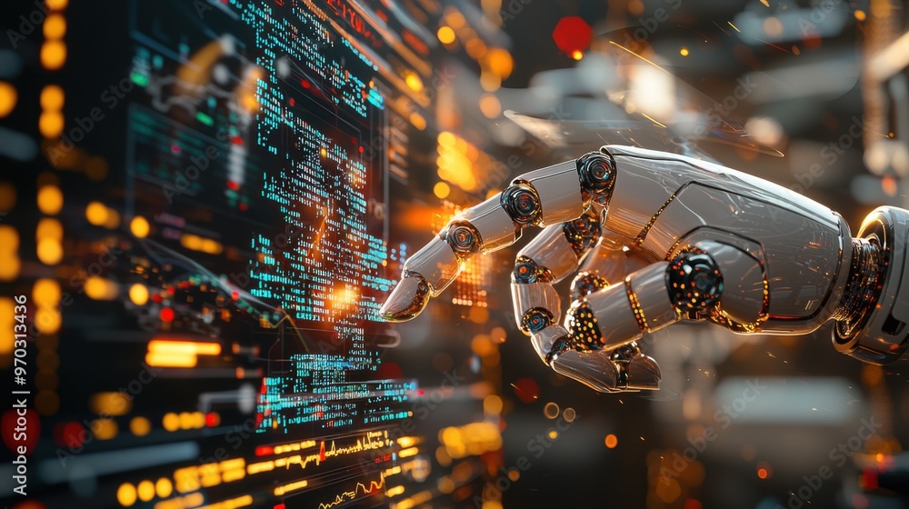 Advanced AI Robot Hand Interacting with Financial Holographic Interface Showing Real-Time Market Data and Algorithms Advanced AI Robot Hand Interacting with Financial Holographic Interface Showing Real-Time Market Data and Algorithms