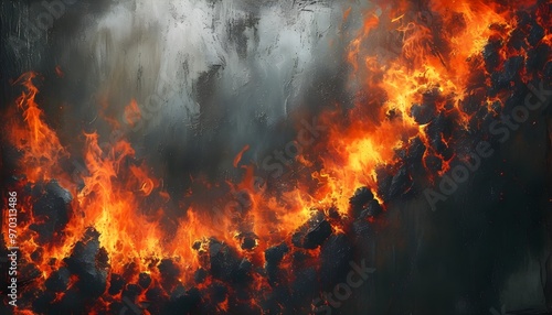 Fiery frame encircling a rough, textured surface evokes danger, intensity, passion, power, and exploration of the unknown