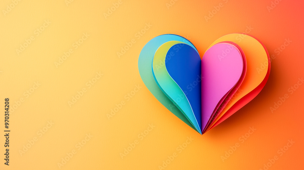 Rainbow Heart on Sunshine: A vibrant, multi-layered paper heart bursts with color on a warm gradient background, radiating love, joy, and positivity. Perfect for LGBTQ+ pride, celebrations, and spread Rainbow Heart on Sunshine: A vibrant, multi-layered paper heart bursts with color on a warm gradient background, radiating love, joy, and positivity. Perfect for LGBTQ+ pride, celebrations, and spread