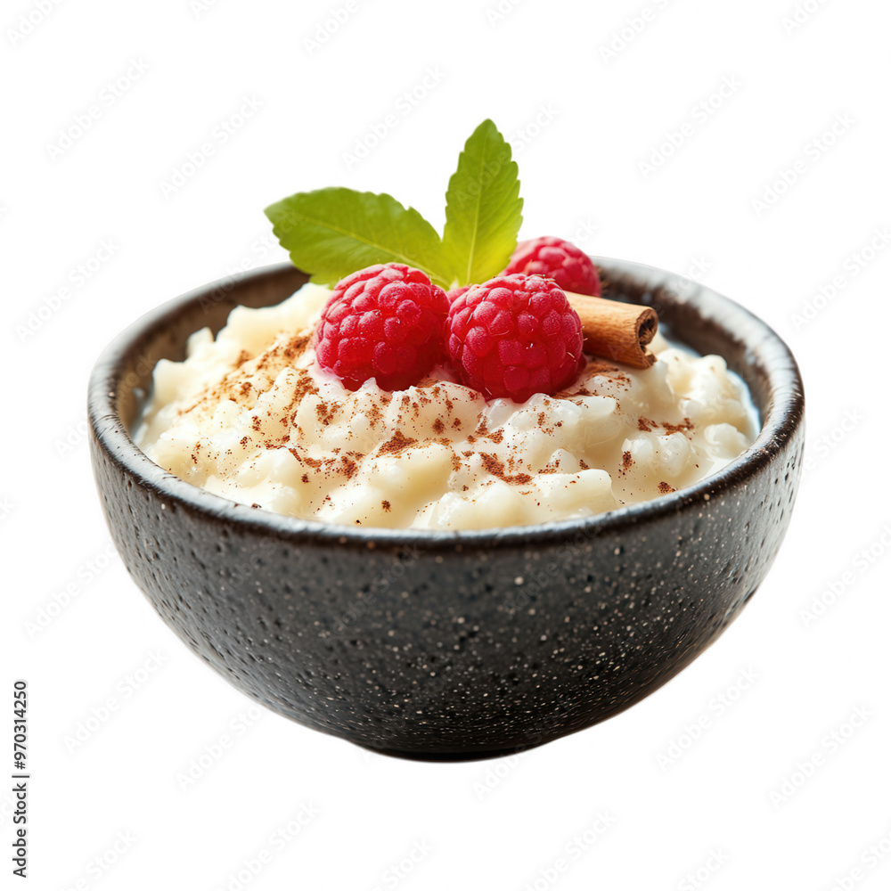 A bowl of creamy rice pudding topped with raspberries and a cinnamon stick. A bowl of creamy rice pudding topped with raspberries and a cinnamon stick.