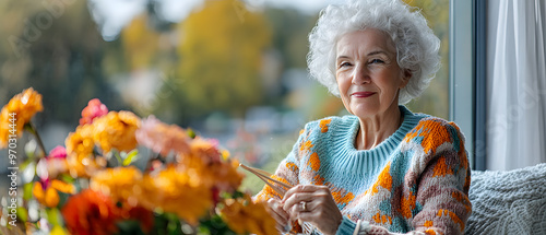 Elderly woman knitting by the window with a serene garden photo