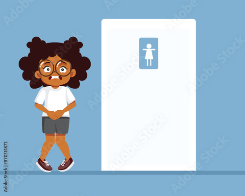 Girl Urging to Pee Next to Toilet Door Vector Illustration. Stressed child in urgent need to go to the bathroom
