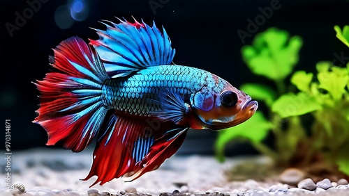 Vibrant Blue and Red Betta Fish with Fin Spread in Aquarium photo