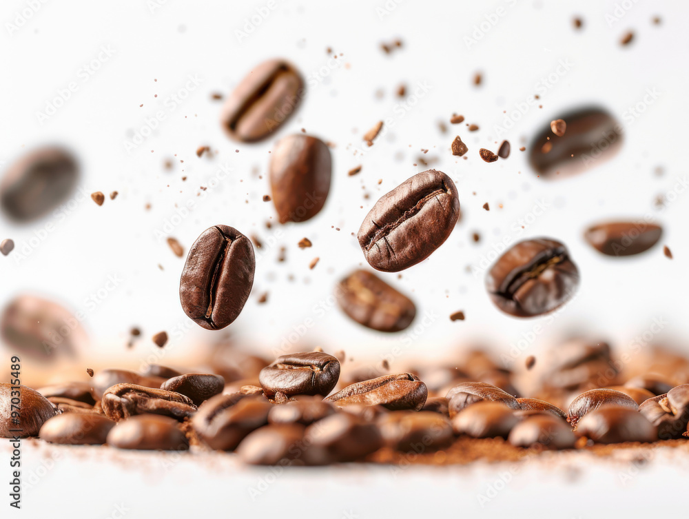 Various falling fresh ripe Coffee beans on light white background, horizontal composition Various falling fresh ripe Coffee beans on light white background, horizontal composition