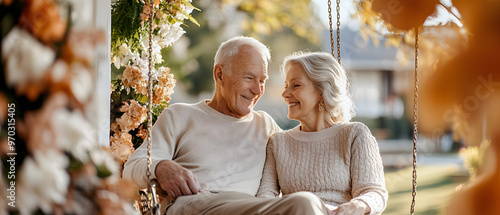 Senior couple relaxing on a porch swing enjoying a peaceful life