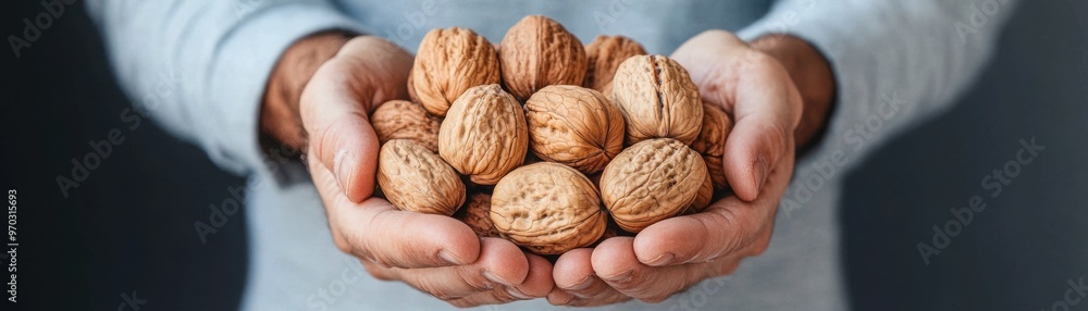 Hand Cracking Walnuts Open: Emphasizes walnuts as a natural brain food Hand Cracking Walnuts Open: Emphasizes walnuts as a natural brain food
