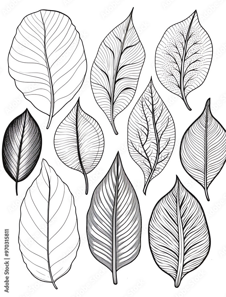 Fototapeta premium Vibrant leaves in various shapes and sizes, a coloring page for adults, with thick lines, in black and white, and grayscale