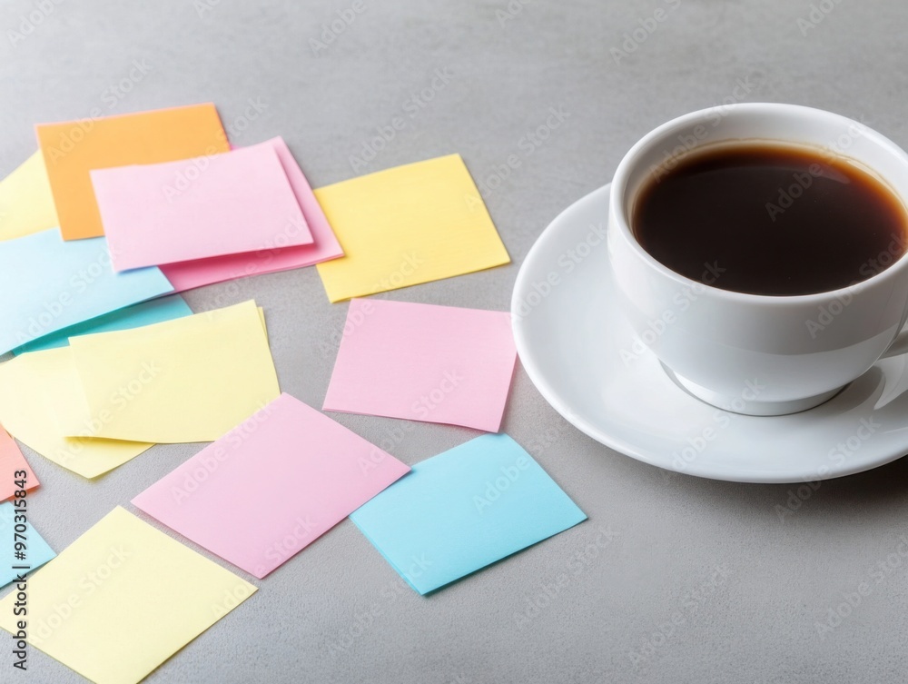 Business plan template on a desk with sticky notes and coffee, planning session Business plan template on a desk with sticky notes and coffee, planning session