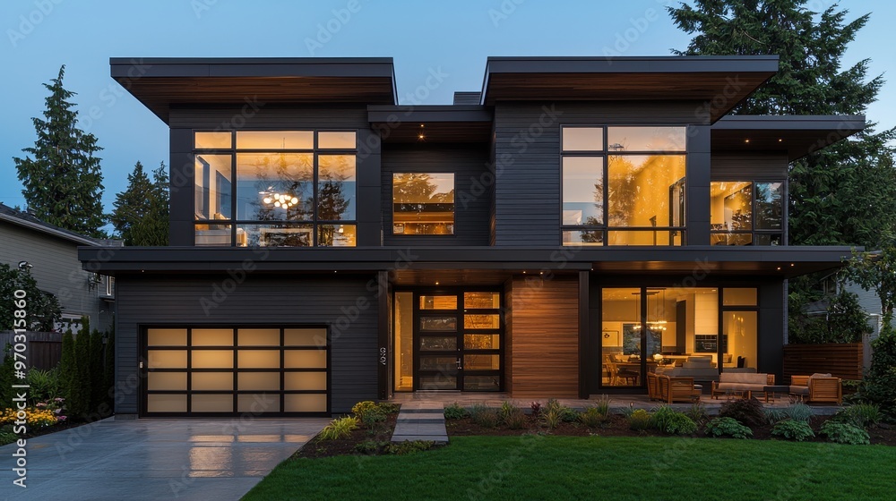Obraz premium Modern Black and Wood House Exterior with Large Windows and Green Lawn