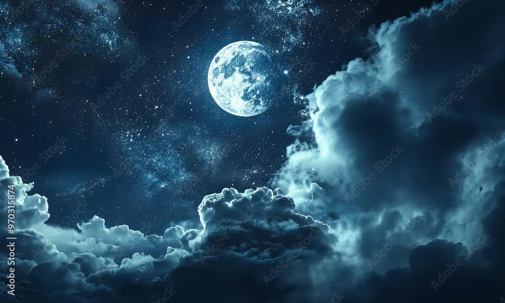 A serene night sky featuring a bright moon surrounded by clouds and stars. A serene night sky featuring a bright moon surrounded by clouds and stars.