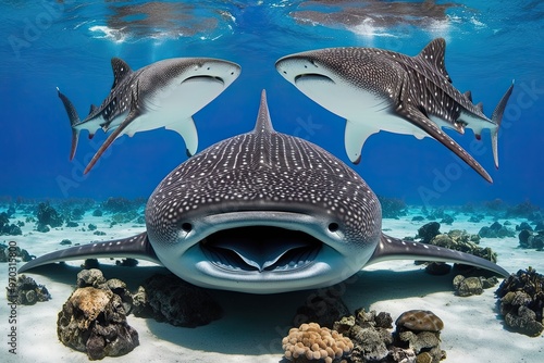 Whale Shark Formation: Front, Side, and Top Views of Rhincodon Typus in Aquatic Environment