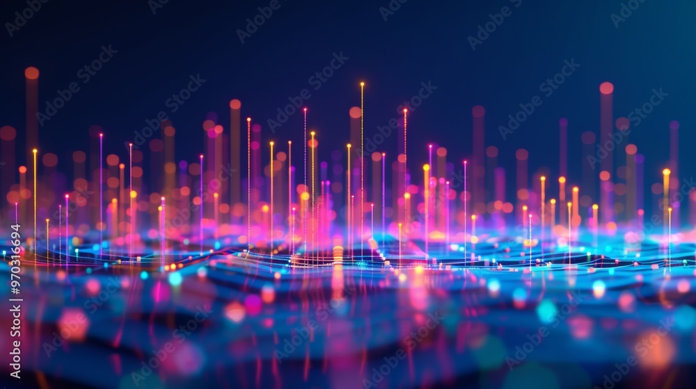 Futuristic Technology Background, Colorful Data Dots Connected With Grid Landscape Formation.