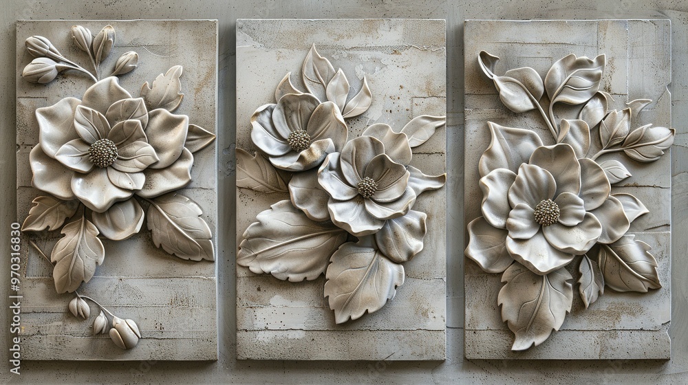 Set of Three Canvases Featuring Volumetric Stucco Molding on a Concrete Wall with Pewter Leaf Elements Showcasing a Single Freesia Set of Three Canvases Featuring Volumetric Stucco Molding on a Concrete Wall with Pewter Leaf Elements Showcasing a Single Freesia