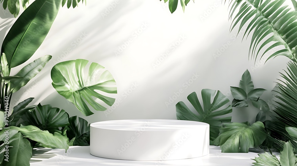 A white, round pedestal sits in the center of a white background. Lush green leaves of various plants frame the pedestal, casting shadows and creating a natural and minimalist aesthetic. A white, round pedestal sits in the center of a white background. Lush green leaves of various plants frame the pedestal, casting shadows and creating a natural and minimalist aesthetic.