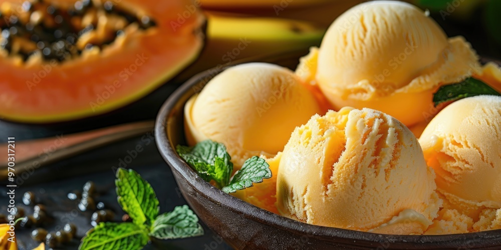 Close up of Vegetarian Papaya Ice Cream with Banana and Coconut Milk Sorbet Close up of Vegetarian Papaya Ice Cream with Banana and Coconut Milk Sorbet
