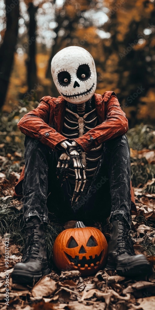 Skeleton figure in a red jacket sitting in the woods with a carved pumpkin at its feet on a bed of autumn leaves. Skeleton figure in a red jacket sitting in the woods with a carved pumpkin at its feet on a bed of autumn leaves.