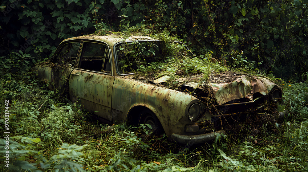 scrapped car overgrown with vines and tall grass in a neglected junkyard, nature taking over the remains of the once functional vehicle scrapped car overgrown with vines and tall grass in a neglected junkyard, nature taking over the remains of the once functional vehicle