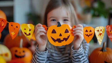 A smiling child holding a string of colorful paper jack-o'-lanterns, celebrating Halloween with a cheerful and playful vibe.