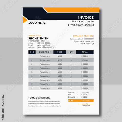 Corporate and business invoice design template design, Company invoice template with price receipt, payment agreement, invoice bill