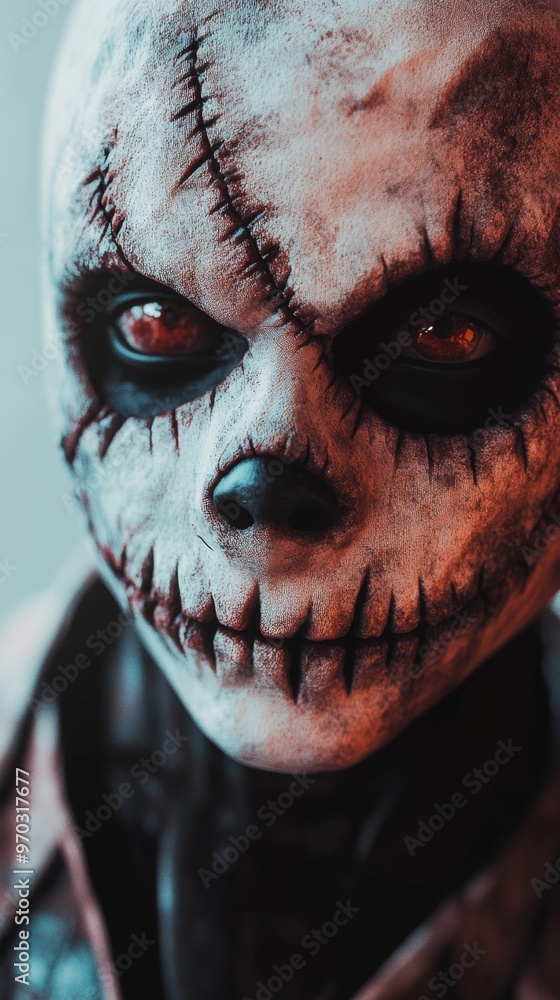 Close-up of a stitched, skeletal mask with hollow eyes, evoking a sense of horror and dread in a Halloween setting. Close-up of a stitched, skeletal mask with hollow eyes, evoking a sense of horror and dread in a Halloween setting.
