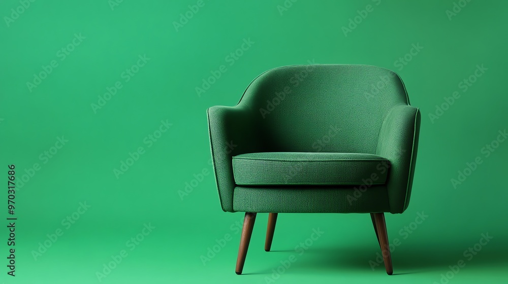 Green Armchair with Wooden Legs on a Green Background Green Armchair with Wooden Legs on a Green Background