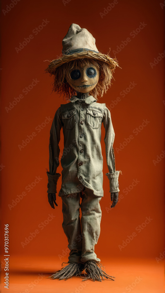 Obraz premium Halloween background with creepy scarecrow on orange backdrop