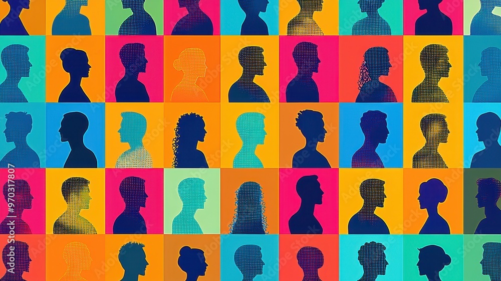 Colorful Silhouette Profiles of People on a Grid Background Colorful Silhouette Profiles of People on a Grid Background