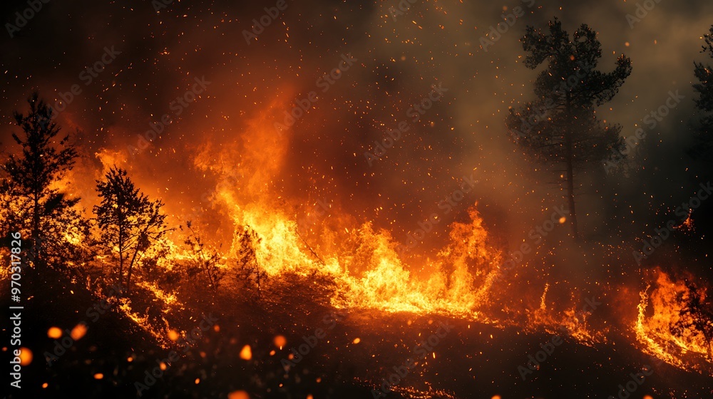 A fiery inferno engulfs the forest, casting an ominous orange glow against the night sky. Sparks fly upwards, creating a mesmerizing dance of destruction. A fiery inferno engulfs the forest, casting an ominous orange glow against the night sky. Sparks fly upwards, creating a mesmerizing dance of destruction.