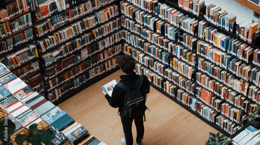 Student Reading Book In Library With Shelves Full Of Books Student Reading Book In Library With Shelves Full Of Books