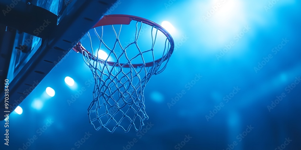 Basketball Sinking into the Hoop Under Bright Blue Court Lights. Basketball Sinking into the Hoop Under Bright Blue Court Lights.