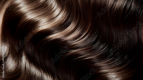 shiny waves in a deep chocolate brown, capturing the natural shine and healthy texture of her elegant hairstyle