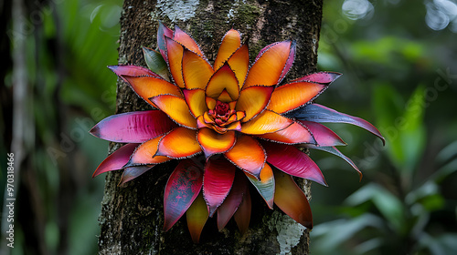 Fototapeta Naklejka Na Ścianę i Meble -  A large flowering bromeliad growing on a tree trunk in the Amazon rainforest, displaying its colorful petals 