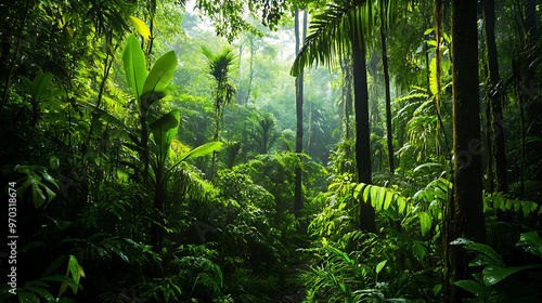 A lush section of the Amazon rainforest showcasing a variety of tropical plants and dense greenery 