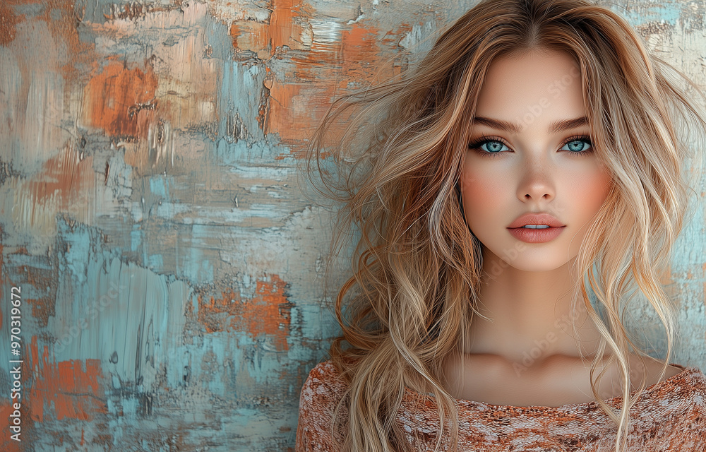 Portrait of a Young Woman with Blonde Hair and Blue Eyes Against a Textured Abstract Background Portrait of a Young Woman with Blonde Hair and Blue Eyes Against a Textured Abstract Background