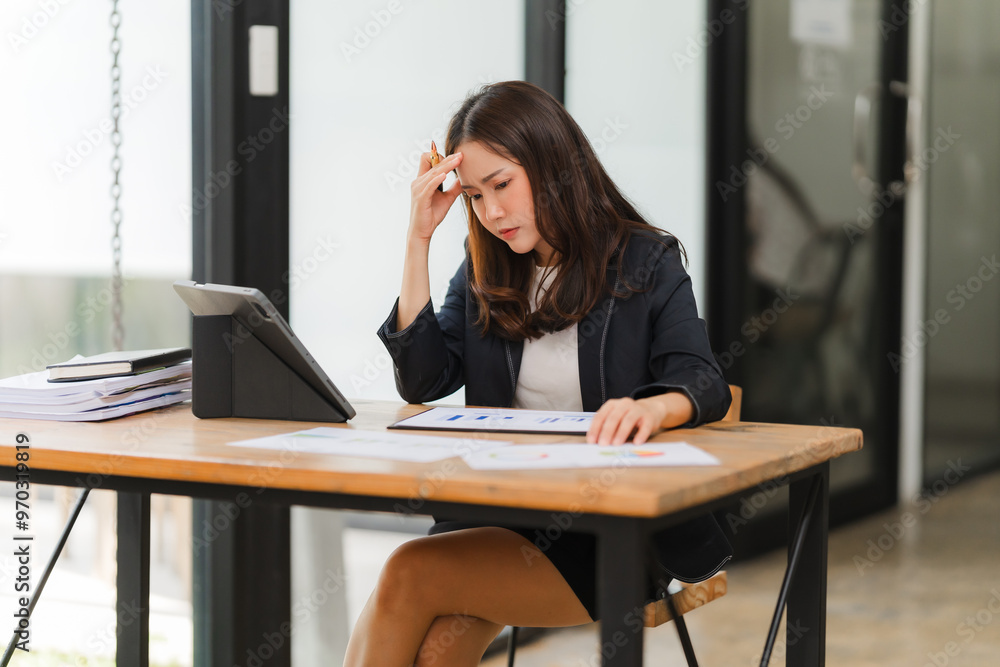 Overwhelmed by Data: A young businesswoman, her brow furrowed in concentration, grapples with a mountain of paperwork and digital data, highlighting the pressures of the modern workplace. Overwhelmed by Data: A young businesswoman, her brow furrowed in concentration, grapples with a mountain of paperwork and digital data, highlighting the pressures of the modern workplace.